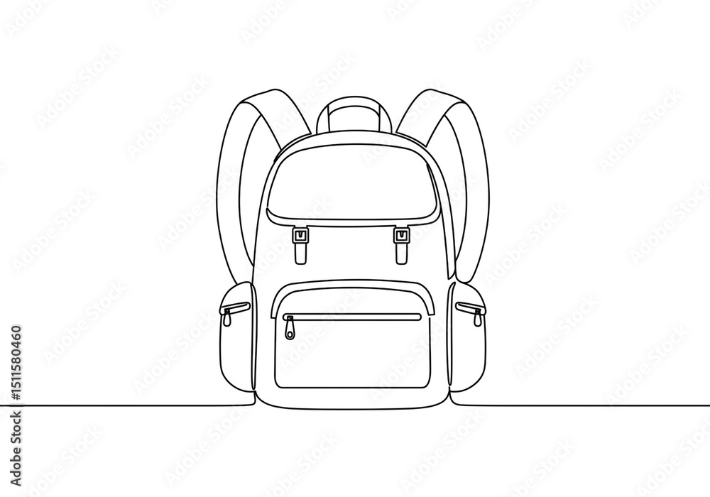Poster a single line drawing of a backpack with straps and pockets on a white background in a minimalist st