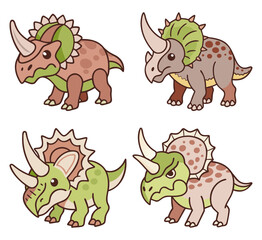 Cute cartoon triceratops dinosaurs set illustration