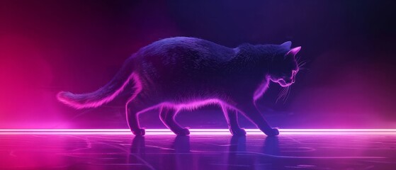 Cat is walking on a neon background. The cat is black and purple. The neon background gives the image a futuristic and otherworldly feel AI generated