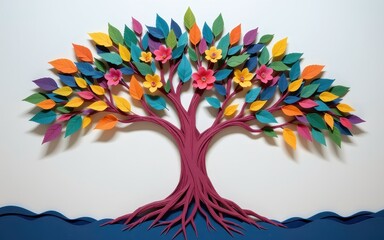 Plant root development concept. Vibrant paper art tree with colorful leaves and flowers.