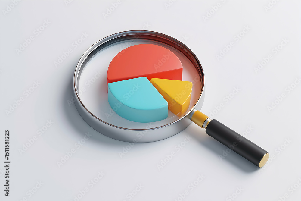 Poster a magnifying glass zooms in on a colorful 3d pie chart with three segments on a white background.