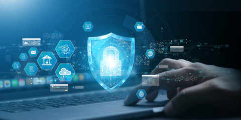 Cyber security concept. Login. AI technology, network safety, encryption, privacy, and secure access.