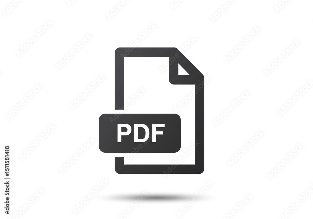 Poster a dark grey pdf file icon with curled corner isolated on white background with a subtle drop shadow