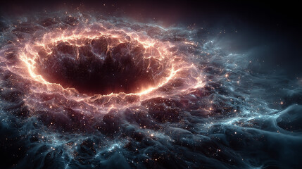 Neon cosmic vortex with glowing center, a surreal dance of pink and blue energy in deep space series
