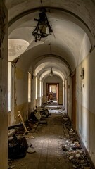 Fototapeta premium Dark and Forgotten Hallway in a Broken Observatory with Dust and Debris