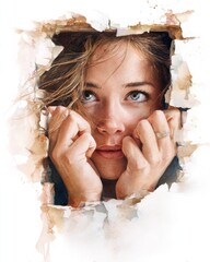 Woman's Watercolor Portrait Emerging from a Hole in the Wall