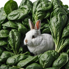 A rabbit hiding behind a stack of fresh spinach leaves, white background.