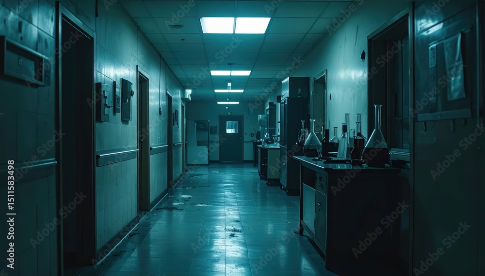 Poster dark and mysterious hallway in abandoned laboratory with strange objects