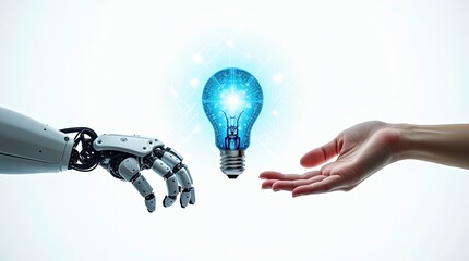 Robotic hand and human hand pointing toward blue light bulb in a moment of connection ai generated
