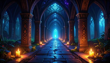 Obraz premium Mysterious Hallway in Dark Temple with Glowing Runes and Candles
