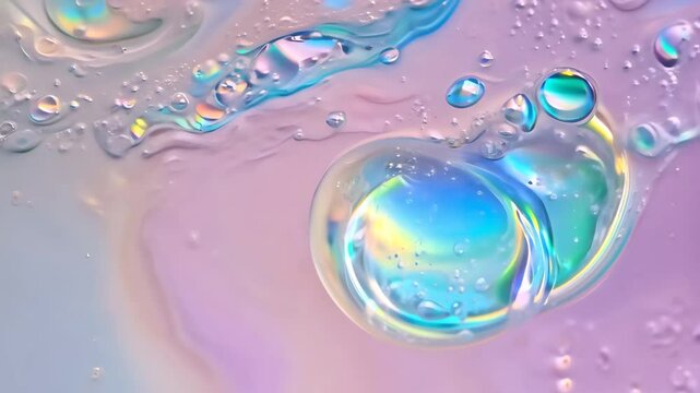 Pink foaming soap and bubbles of washing cleanser close up. Hyaluronic acid liquid makeup remover micellar water facial skin care. Powder foam close up background. Transparent cleaner. Shampoo texture