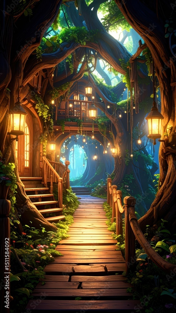 Poster whimsical treehouse in a magical forest with illuminated pathway
