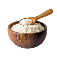 Wooden bowl of cooked rice with spoon isolated on transparent background