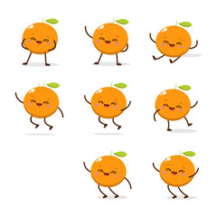 Cute Smiling Orange Character. Kawaii Orange Fruit Mascot Style Vector. Cute vector character set in various action emotions. Collection symbols isolated on a white background