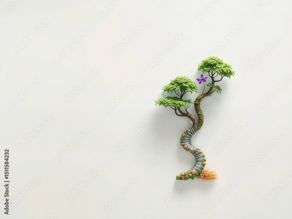 Aufkleber 白い背景の盆栽 緑の葉と紫色の花が咲き 木の幹は茶色で小さなピクセルで装飾されたアート作品