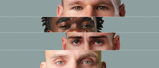 Diverse expressions of emotion captured through close-up portraits of four individuals with varying...
