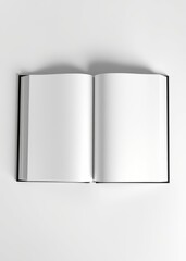 A black and white open book with a white background. the book is open to a blank page. book mockup. 