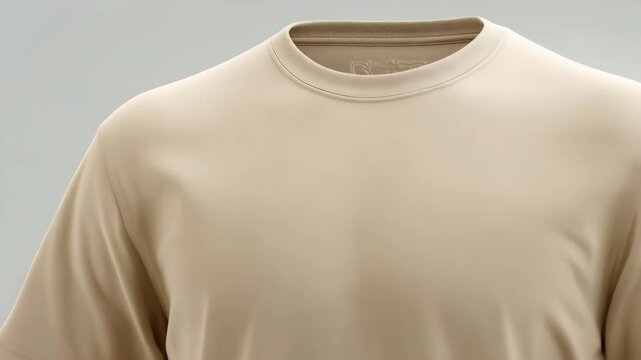 Beige crew neck short sleeve t-shirt apparel displayed on a light gray background, suitable for custom design mockup or fashion template.