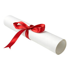 Rolled White Scroll with Red Satin Ribbon Bow Isolated on Transparent Background