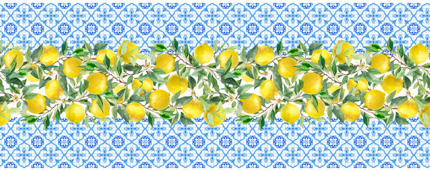 Elegant horizontal seamless pattern with yellow lemons, green foliage, and blue azulejo-style tiles. Perfect for kitchen wallpaper, table runners, fabric design, packaging, and Mediterranean or
