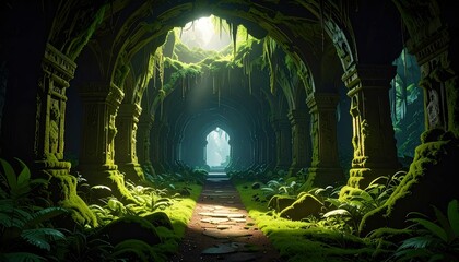 Hidden Underground City with Glowing Moss and Carved Tunnels