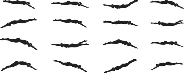 Swimming silhouette vector art illustration of swimmer diving into pool swimming competition and training 100