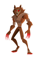 Werewolf Creature: A fearsome werewolf illustration, depicted in a stylized cartoonish manner with glowing red eyes and sharp claws.  It stands ready for action.
