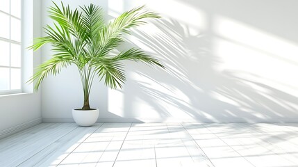 Bright, sunlit room with palm tree