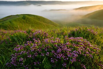 Obraz premium Green hills with wildflowers and rolling morning fog
