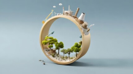 環境保護をテーマにした円形構造物 森林と工業施設が並ぶ青色の背景のジオラマ
