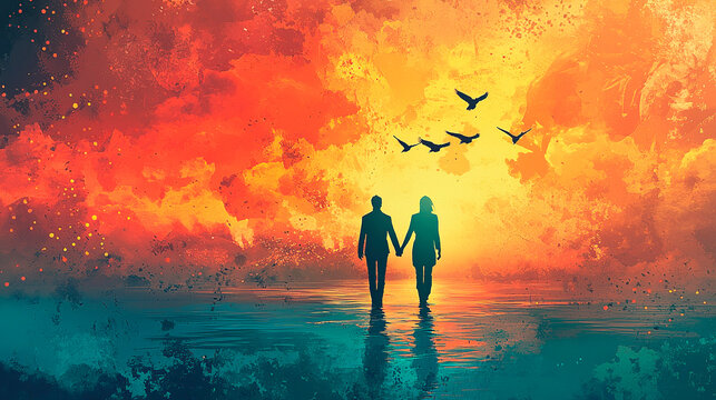 Ilustracion de Pareja caminando de la mano