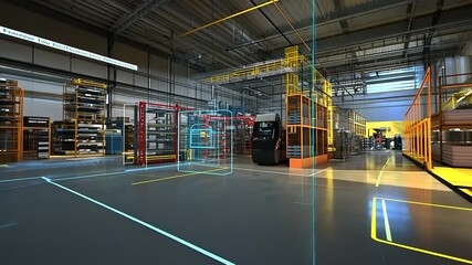 Modern warehouse interior showcasing advanced logistics with vibrant shelving and machinery in action - Powered by Adobe