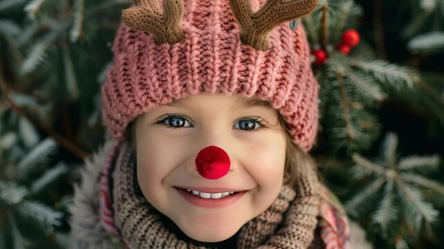 Close-up portrait of a sweet young child with a red pom-pom nose. She is wearing a pink knitted hat with reindeer antlers, and a warm striped scarf. Evergreen branches are in the background.