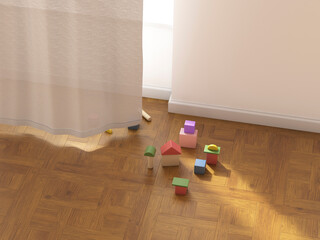 Colorful toy blocks on a wooden floor in a sunlit room with a curtain.