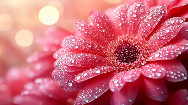 Gerbera Daisy flower close-up shot with water droplets and bokeh background, ideal for spring