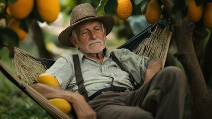 Elderly Man Relaxing in Hammock Surrounded by Citrus Trees