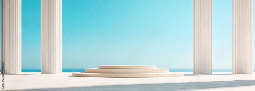 Aufkleber 青い空と海を背景にした白い円柱と階段のシンプルな空間デザイン