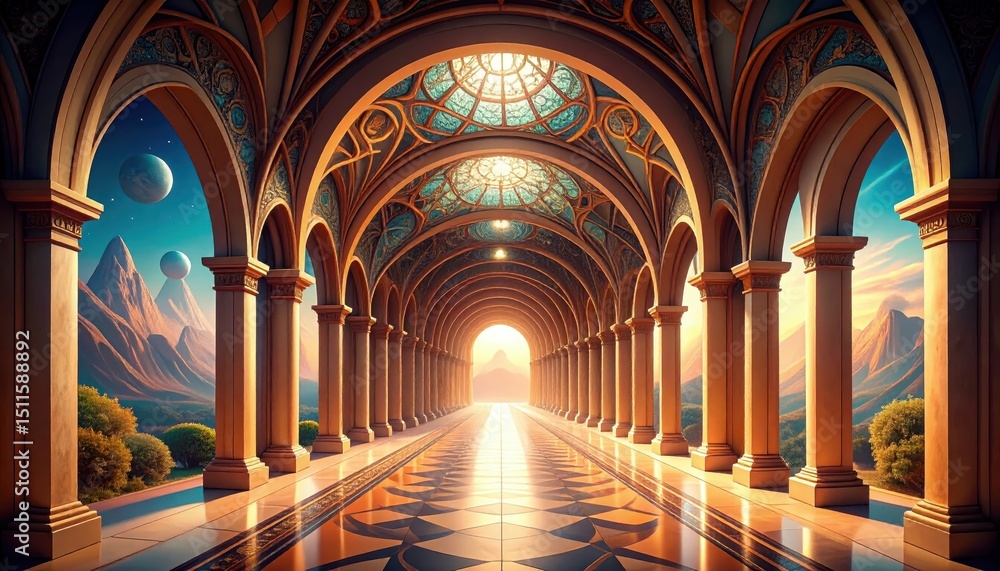 Poster surreal dreamscape hallway with distorted architecture and illusionary elements