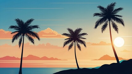Serene Sunset Tropical Beach Scene Palm Trees Silhouette Against Vibrant Sky