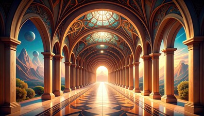 Obraz premium Surreal Dreamscape Hallway with Distorted Architecture and Illusionary Elements