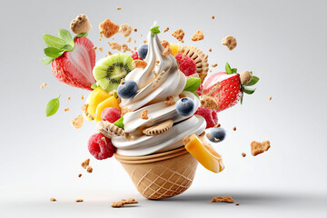 Frozen yogurt swirl with colorful fruit toppings (strawberries, blueberries, kiwi, mango) and cookie crumbles, flying in mid-air with dynamic perspective