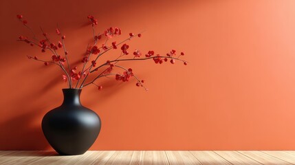 Elegant Black Vase with Red Blossoms