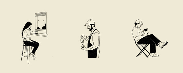 Coffee shop set vector design with vintage retro hand-drawn style vector illustrations, People making coffee sketch