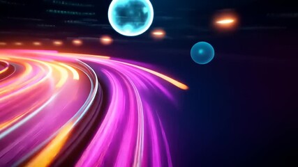 Vibrant neon lights swirl through a futuristic landscape with glowing spheres in a dynamic scene - Powered by Adobe