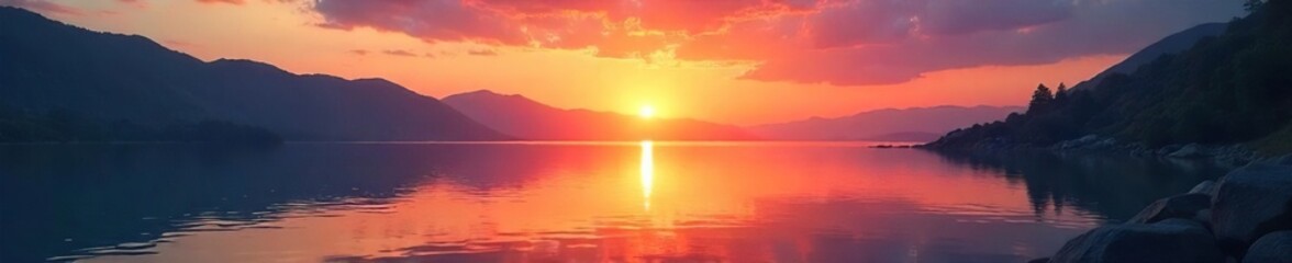 Fototapeta premium Serene landscape at sunset, reflecting calm waters, perfect for relaxation and mindfulness Ideal for meditation, yoga, spa, wellness, and tranquility themes , wellness, inner peace