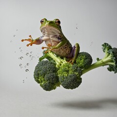 A frog jumping from one broccoli floret to another, white background.