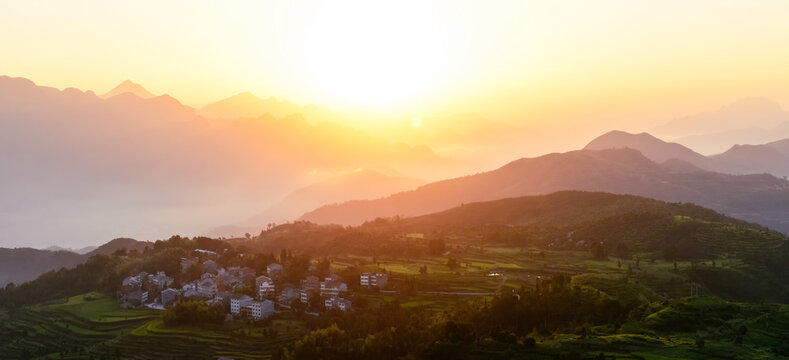 Landscape of Ming'ao terraced fields during sunrise in Wenzhou, Zhejiang, China - Powered by Adobe
