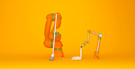 3D illustration of AI robots cleaning with a broom and dustpan on an orange background