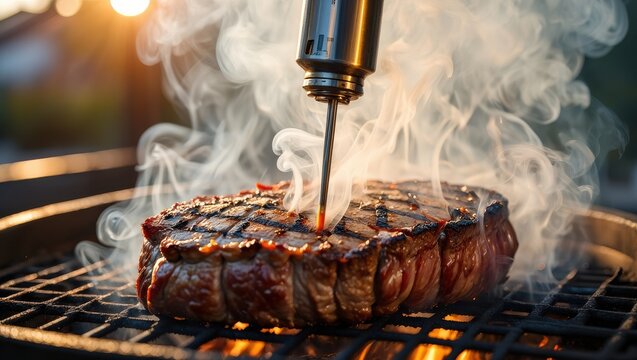 Grilled steak on barbecue grill, with smoke rising and a meat injector adding flavor, showcasing culinary techniques and the art of outdoor cooking