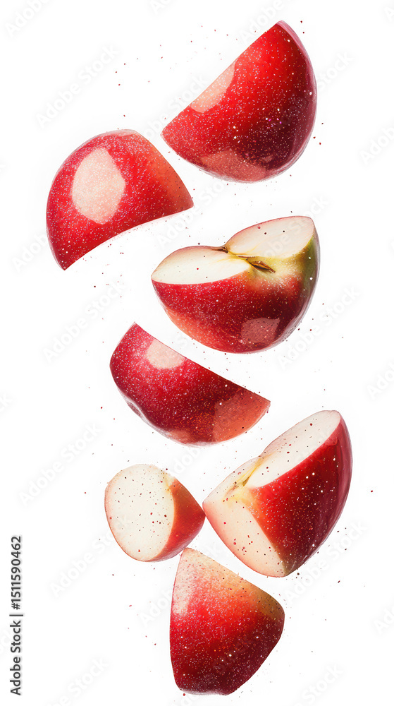 Poster slices of red apple floating with glittering particles on transparent background